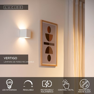 Lucide VERTIGO - Lámpara de pared Recargable Dentro/Fuera - Batería/acumulador - LED Regul. - 1x6W 2700K - IP54 - Sensor movimiento - Magnético - Blanco